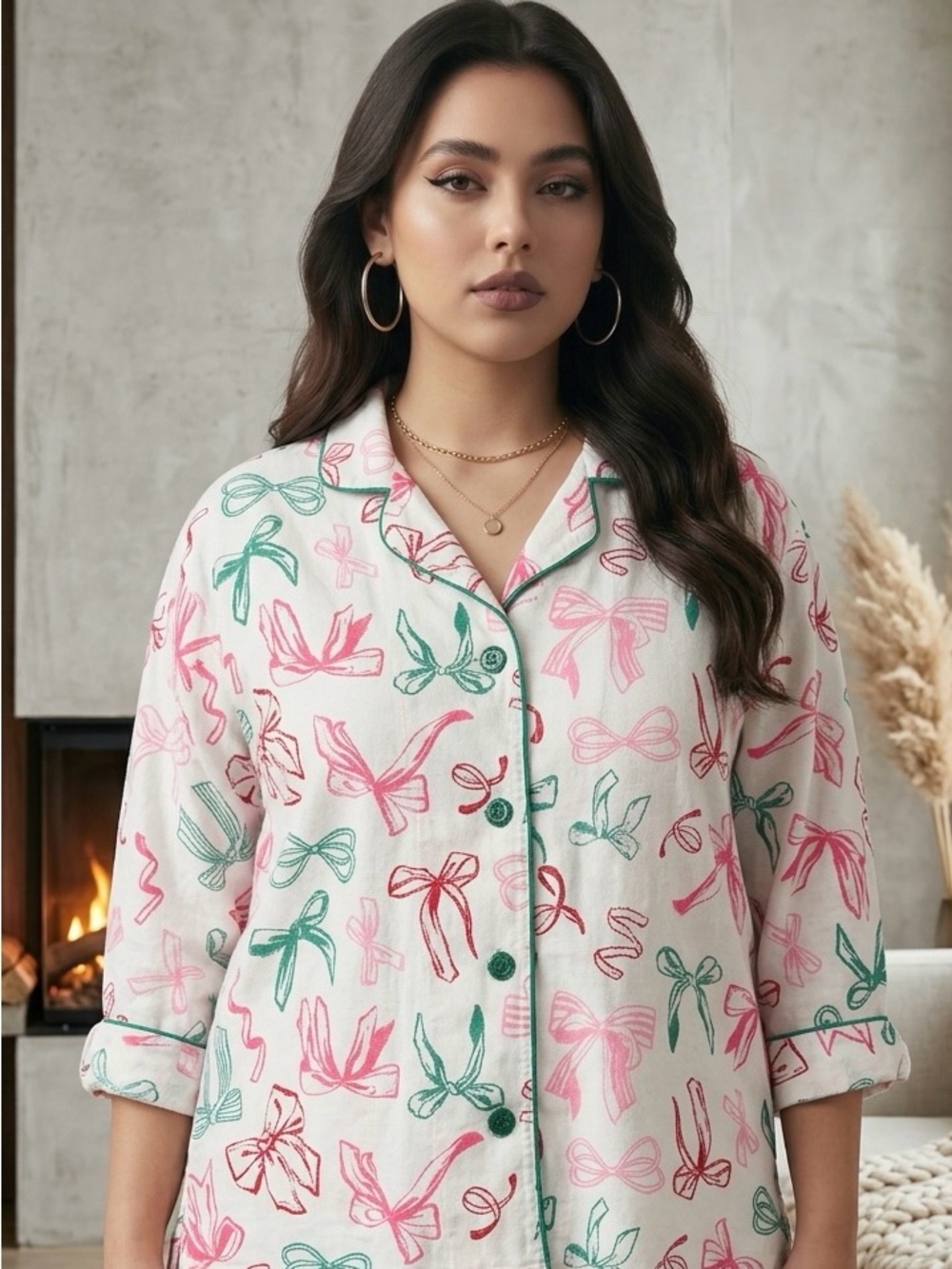 PJ Salvage - Pink & Green Bow-Print Long Sleeve Pajama Top XL - Picture 1 of 5